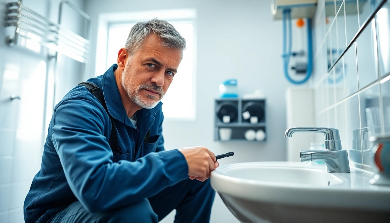Plumber near me fixing a sink in a bright, professional bathroom environment.