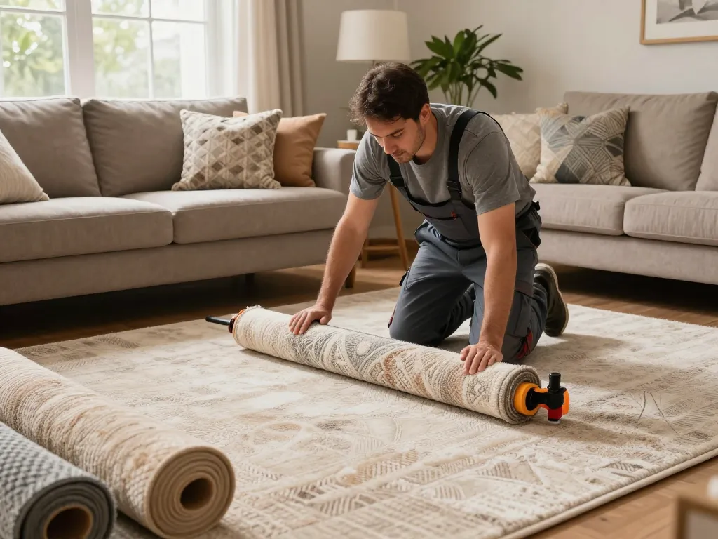 Home carpet fitting services with a professional installer enhancing a cozy living room.
