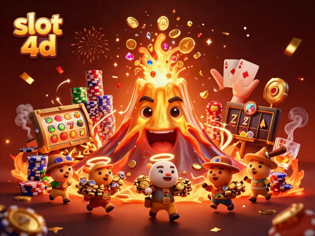 Win big with slot 4d as a golden volcano erupts treasures around excited animal explorers.