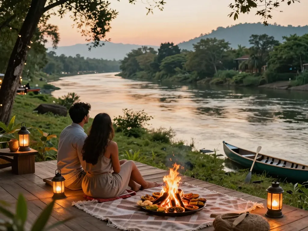 Couple relaxing at Dandeli resorts by the riverside, enjoying nature and local cuisine.