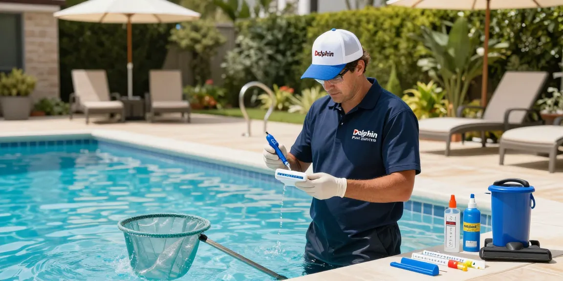 Dolphin Pool Services technician inspecting a residential pool's water quality with testing kit in sunny backyard setting.