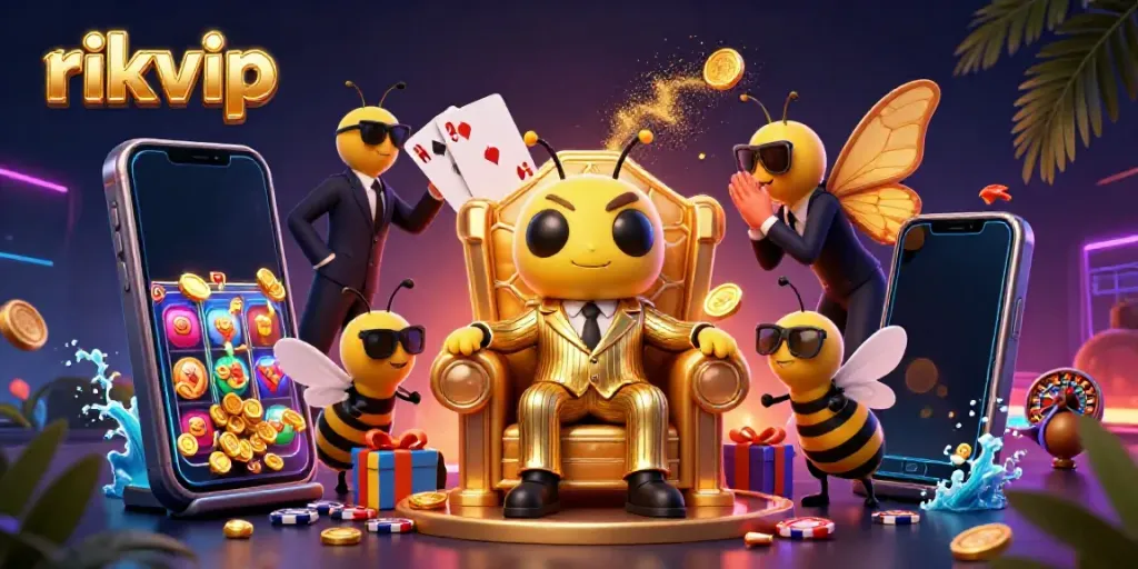 Experience thrilling gaming with rikvip, featuring exciting casino elements and a dynamic 3D cartoon scene.
