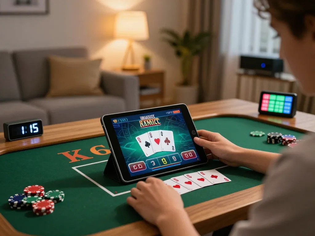 88xeng online poker gaming setup in a cozy living room illuminated by warm ambient lighting