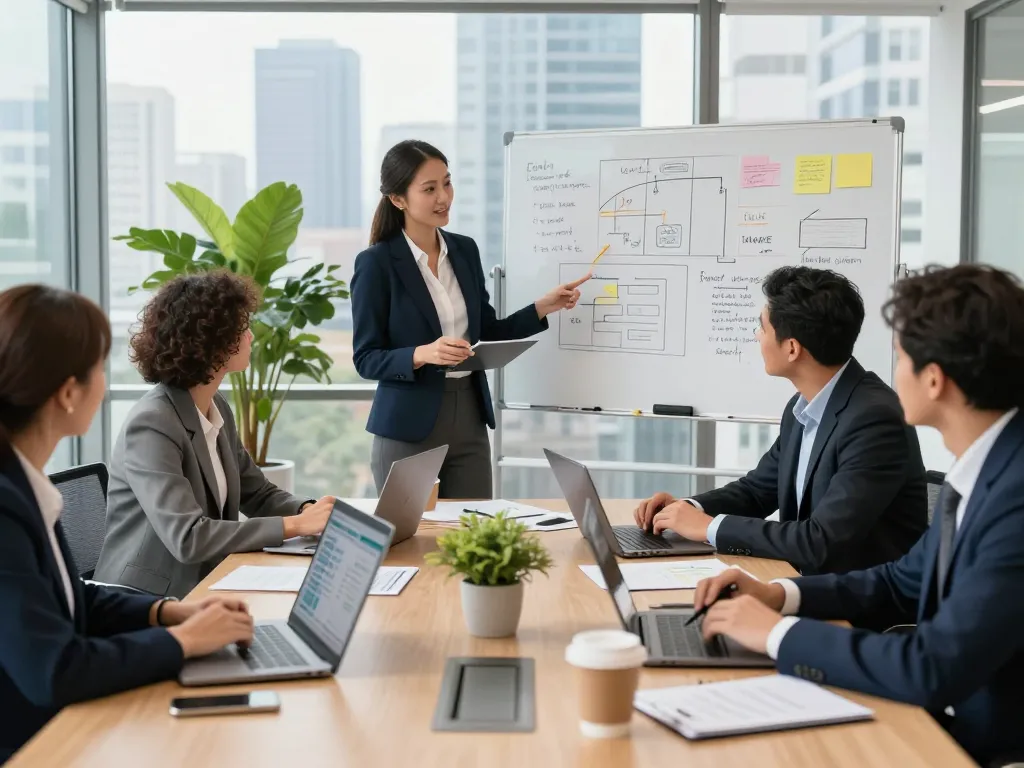 Collaboration among diverse professionals in a modern office engaging in strategic planning for search firms.