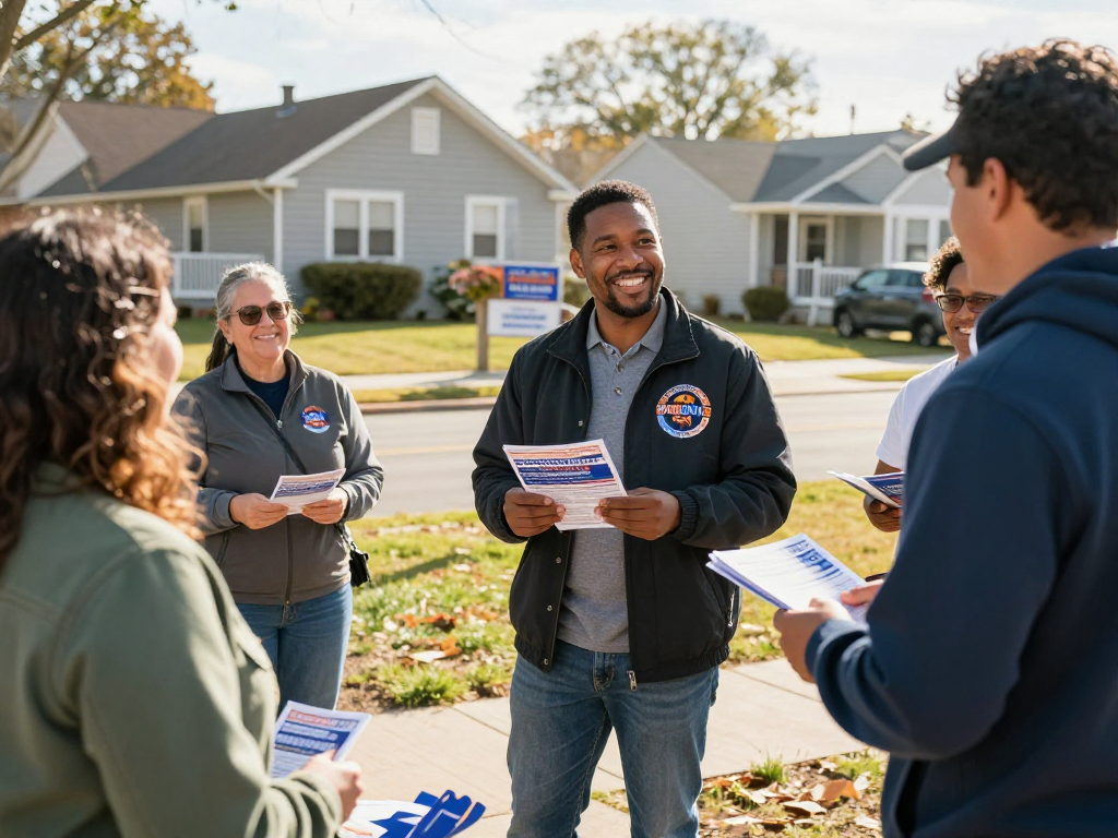 Independent candidate marketing moment capturing a candidate interacting with voters, showcasing community engagement.