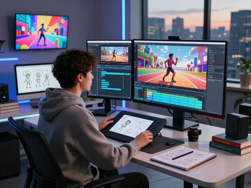 Creative workspace with a video creator using Kling motion ai, showcasing AI-generated character movements in an innovative studio.