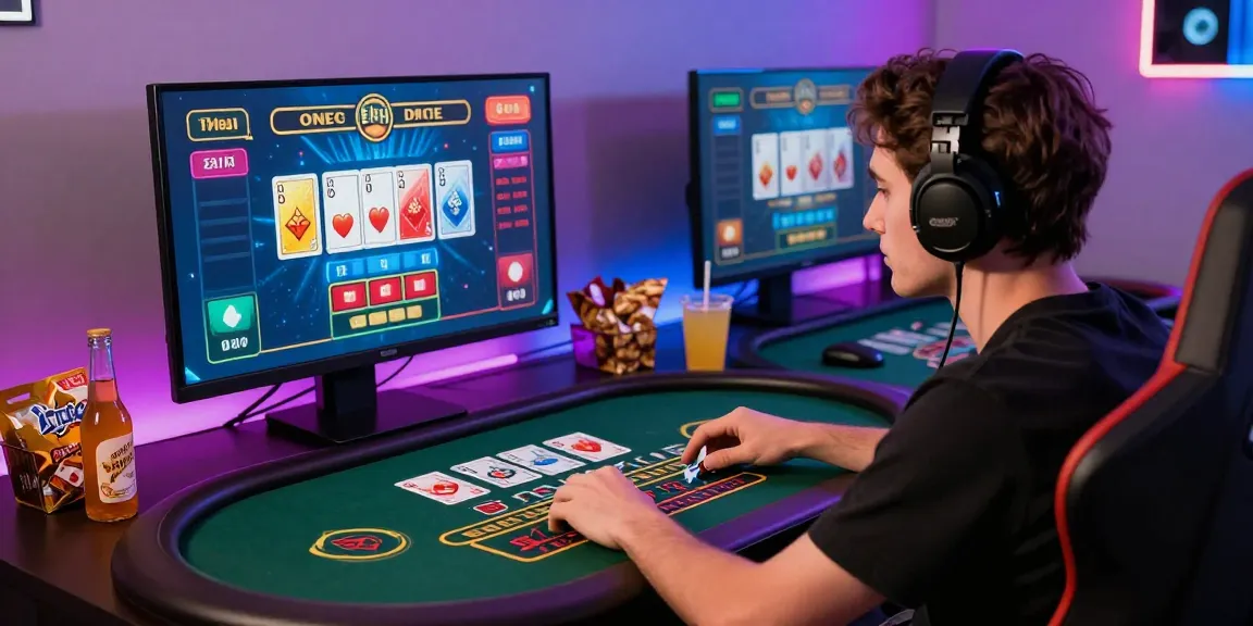 Engaging baccarat gameplay with a player focused on cards, showcasing excitement in a vibrant gaming setup.