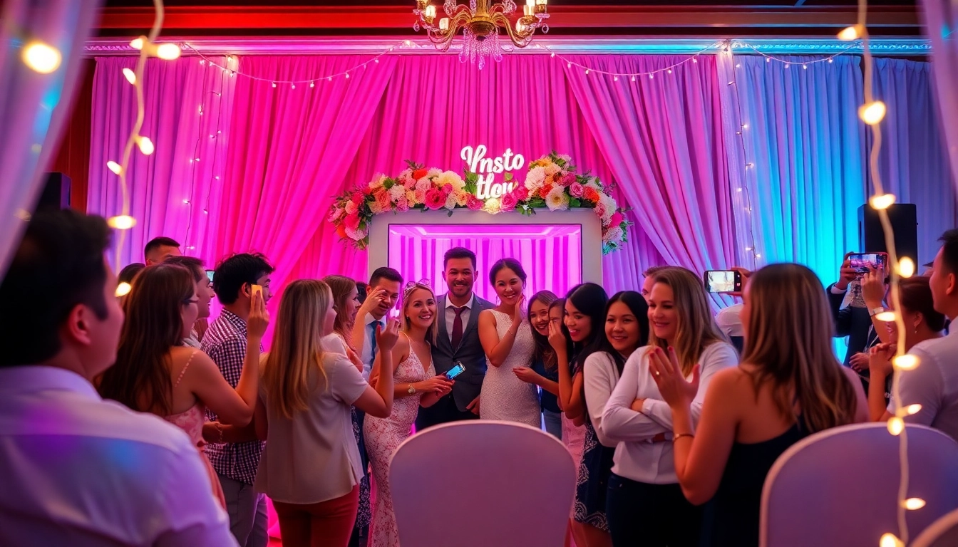 Engaging guests with a photo booth rental at a lively wedding reception, capturing joyful moments.