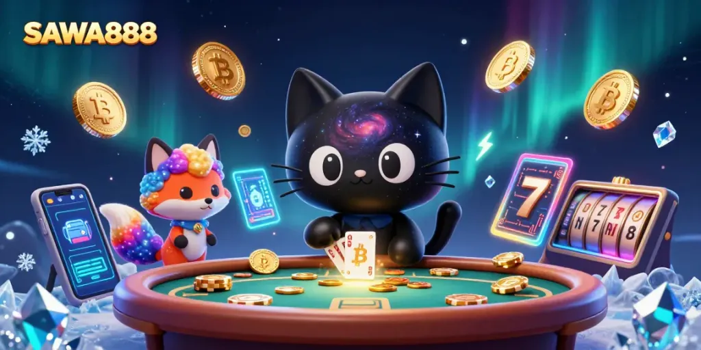 Engage with SAWA888's vibrant casino world as a black hole cat draws in chips and cards.