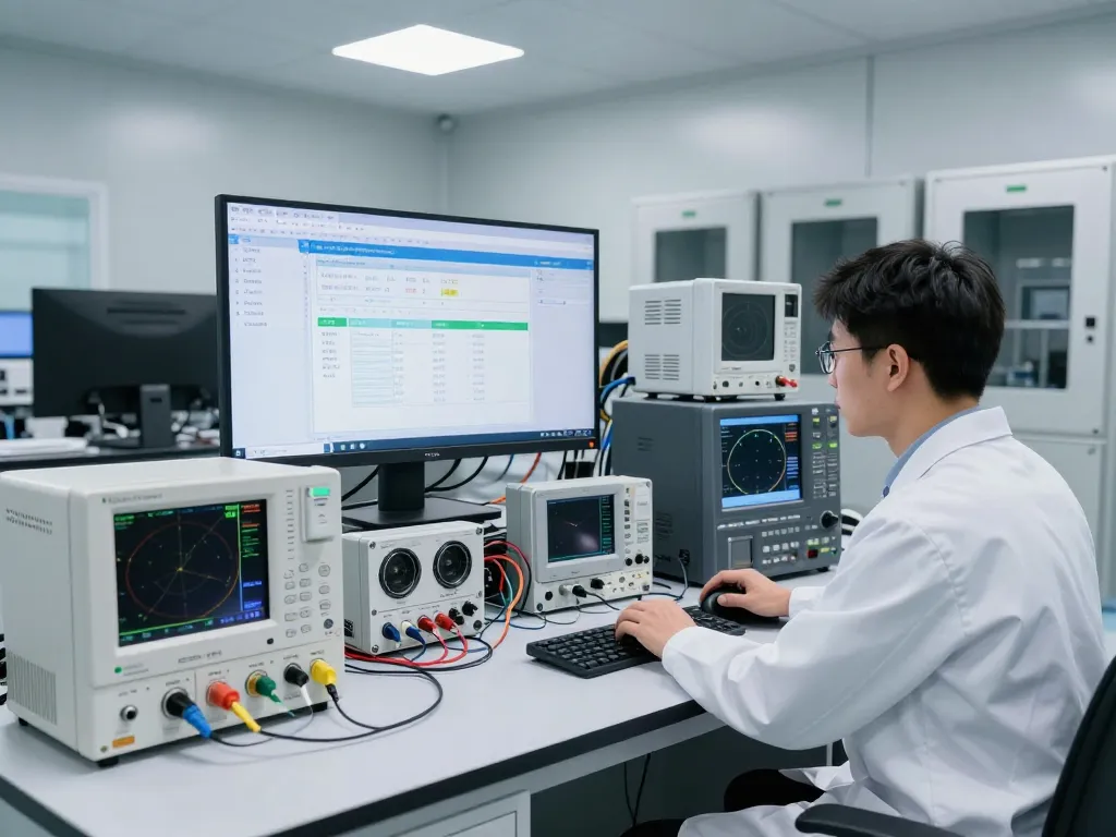 EMC compliance testing in a high-tech laboratory with engineers and advanced equipment.