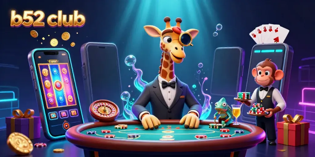 Experience thrilling gaming action at b52 club with a giraffe and friends enjoying poker and slots.