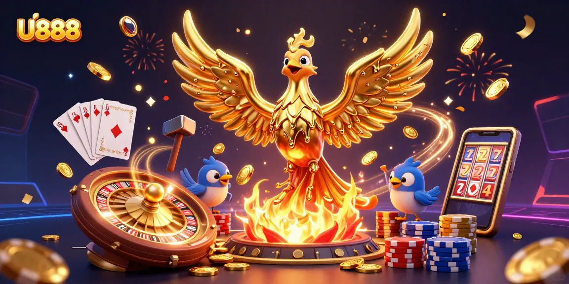 U888 features a dazzling cartoon phoenix amidst a dynamic casino scene filled with coins, cards, and fireworks.