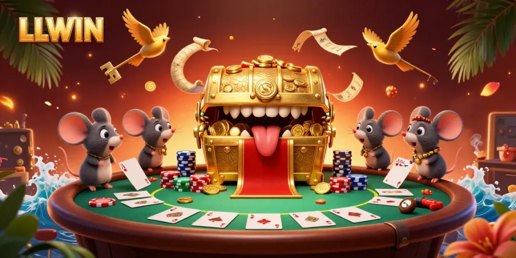 Experience thrilling adventures with LLWIN's golden treasure chest and animated casino elements.