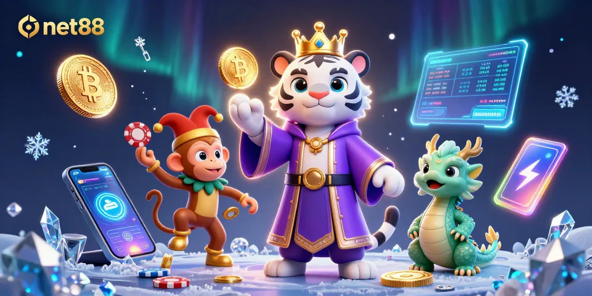 Engage with net88 in a vibrant, casino-themed 3D scene capturing winning moments.