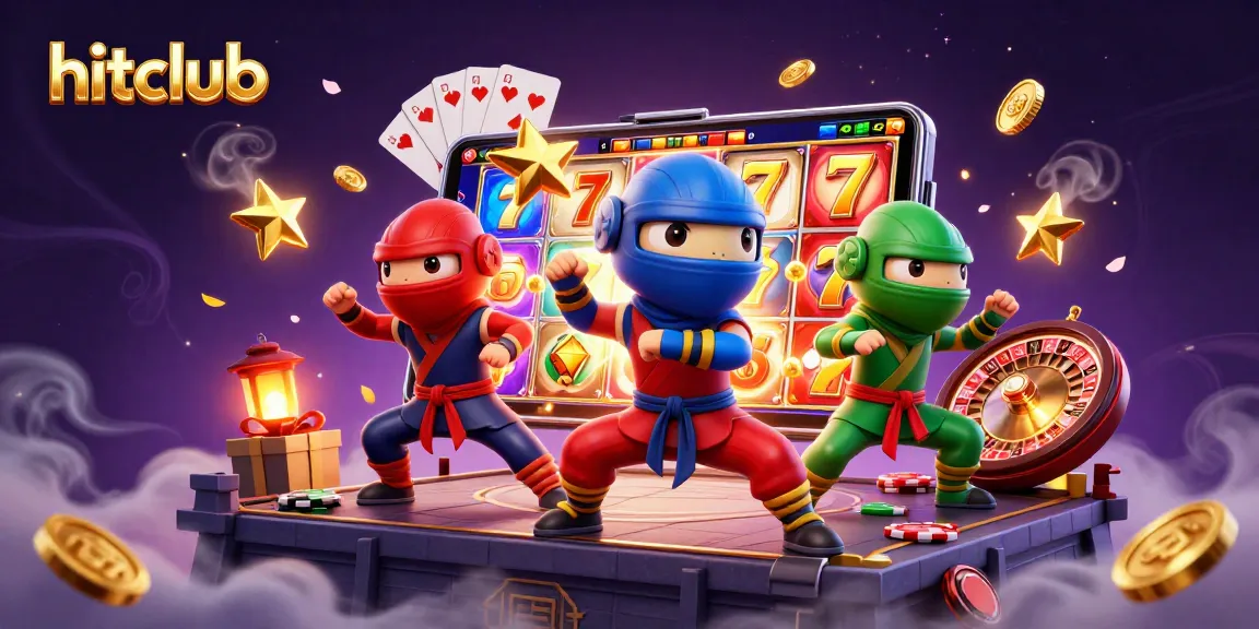Hitclub chameleons performing martial arts with vibrant slot games and casino elements.