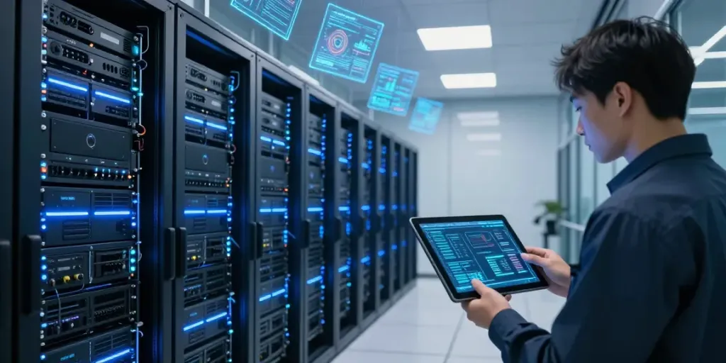 Network penetration test in a modern data center with advanced security systems and servers.