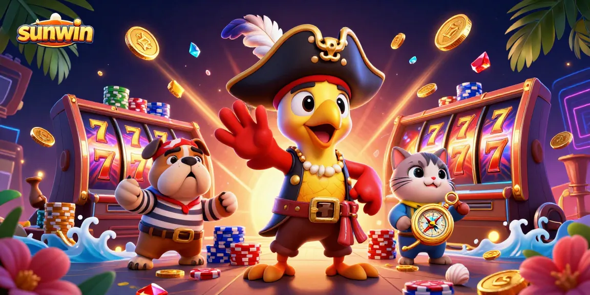 Win big with sunwin as the colorful pirate crew spins slot reels amidst sparkling treasures.