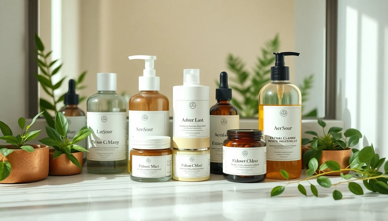 Microbiome friendly skincare products displayed elegantly, emphasizing natural ingredients and wellness.