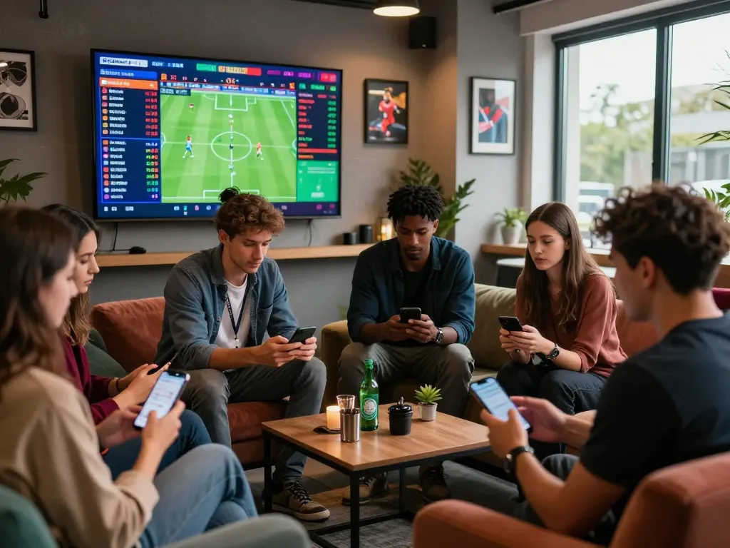 1gom sports betting enthusiasts analyzing live match statistics and odds in a modern lounge.