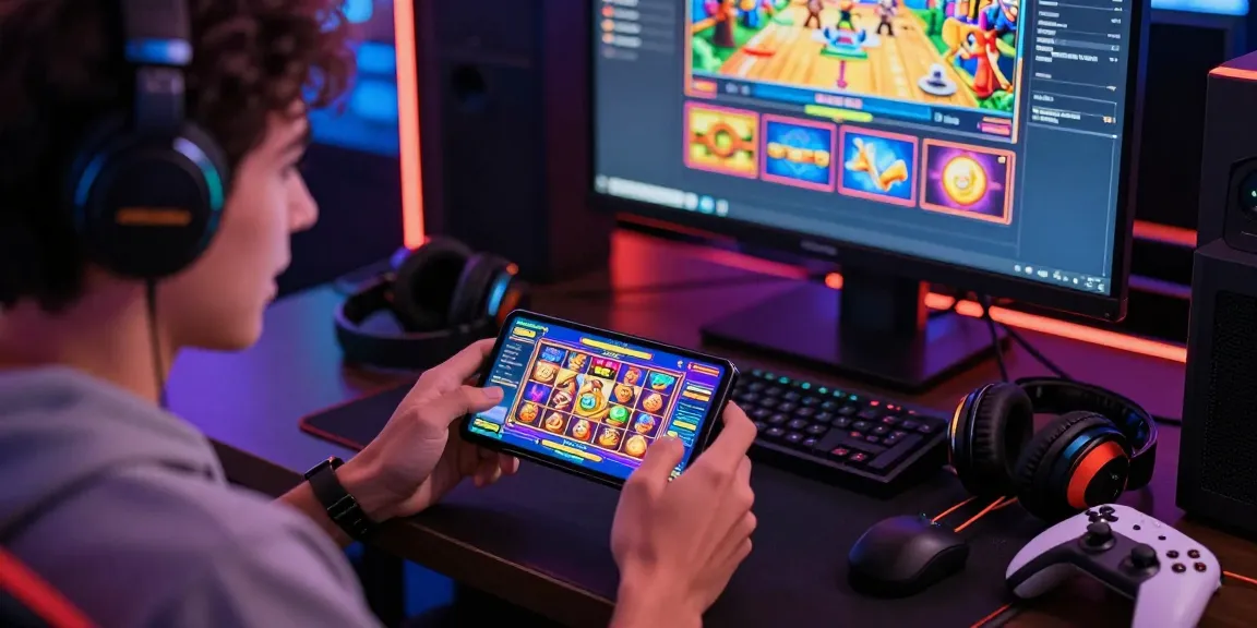 Engaged user playing JURAGANBOLA slot game on mobile device surrounded by vibrant gaming atmosphere.