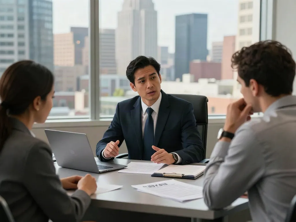 Atlanta DUI lawyer consulting with a client in modern office, discussing DUI legal options.