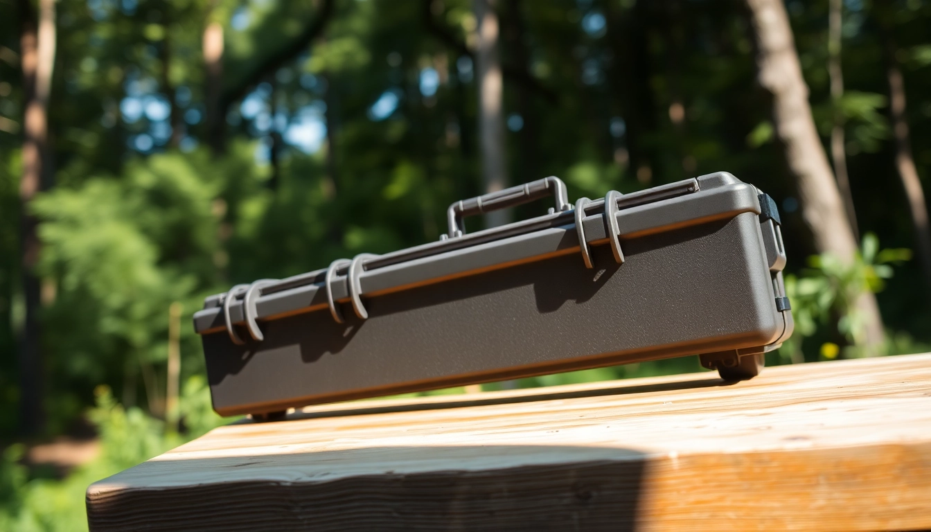 Shop for a durable pelican gun case for sale, displaying sleek design and rugged detail in an outdoor setting.