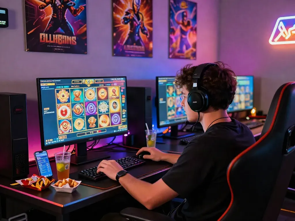 Situs slot gaming scene with player engaging in immersive online experience.