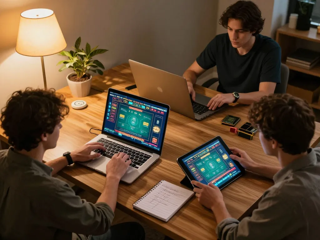 ee88go players engaging with online casino layout while using tablets in cozy decor.