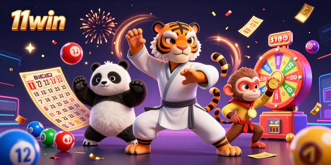 Engage in lively gambling action with 11win's dynamic carnival scene featuring a kung fu tiger and vibrant game elements.