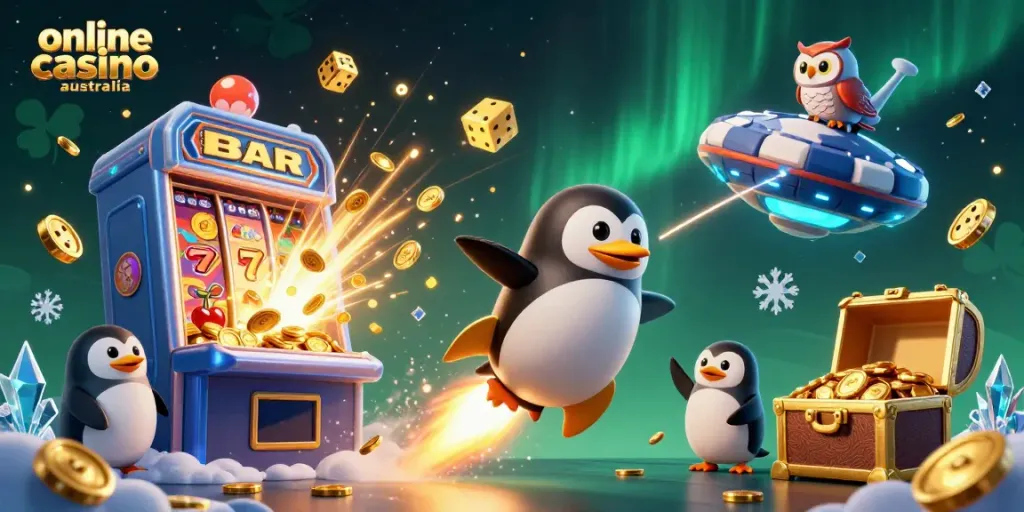 Experience excitement with online casino australia featuring a golden penguin, dynamic slot machines, and vibrant game elements.