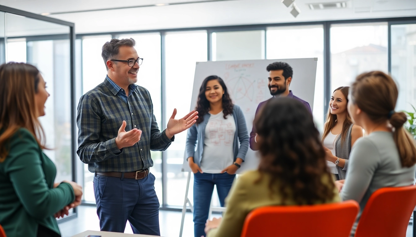 Leadership development coach facilitating an engaging workshop with diverse participants in a bright office.