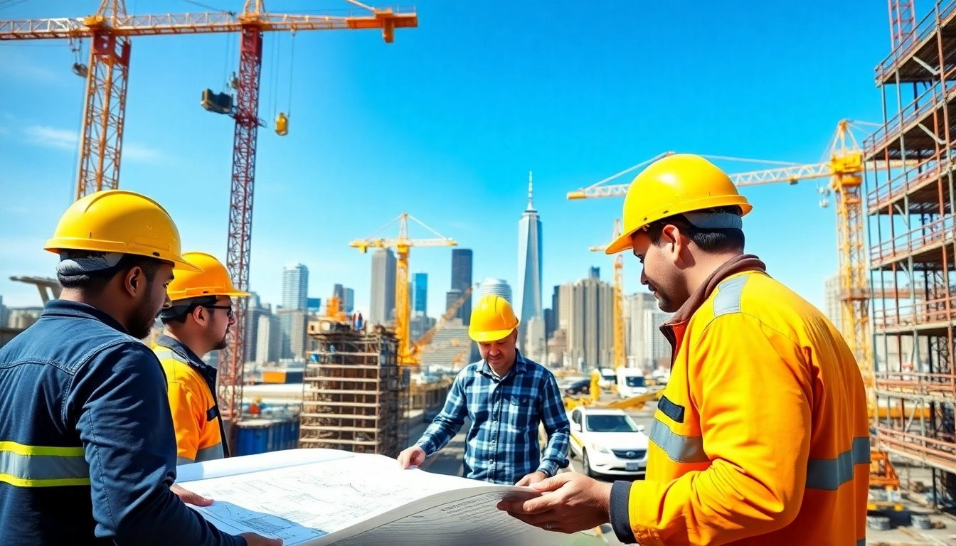 Manhattan General Contractor directing a bustling urban site with construction workers and equipment.