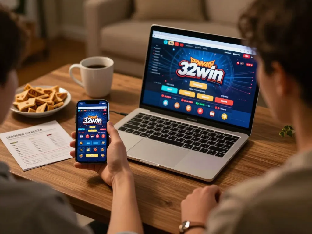 Engaging with 32win's online casino offers in a cozy gaming setup.