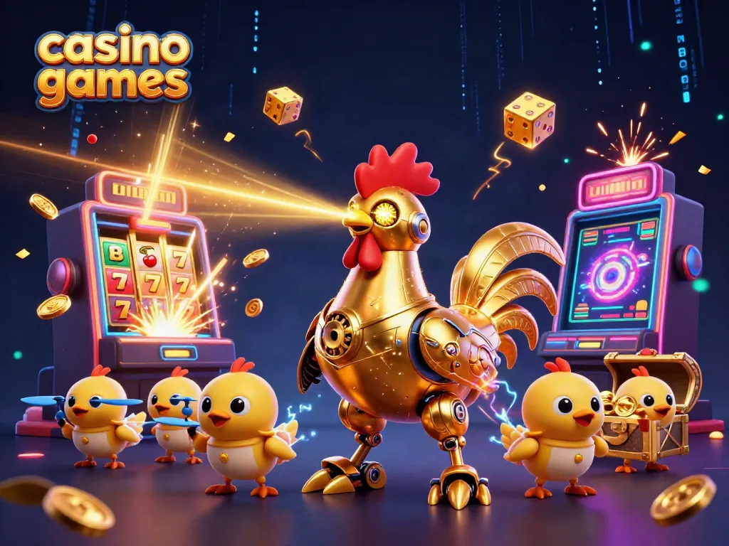 Engage with exciting casino games featuring a golden rooster robot and baby chick drones in a vibrant 3D scene.
