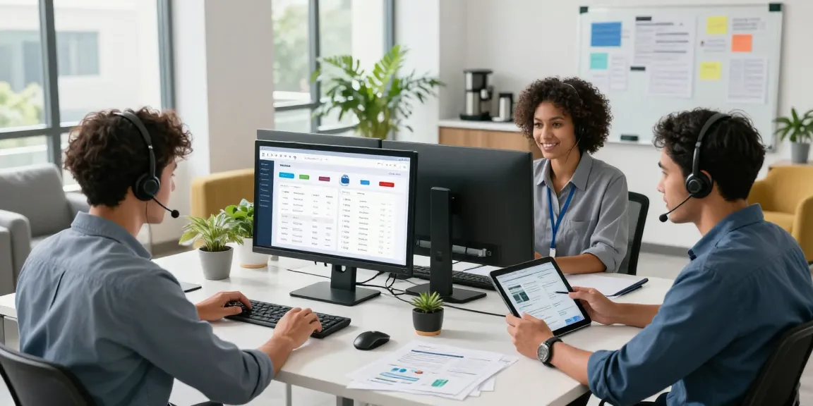 Team collaborating in a modern workspace using CRM with built-in marketplace to optimize service management.