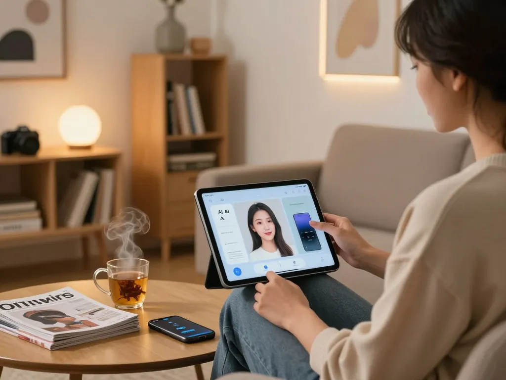 Engaging scene with user interacting with an AI girlfriend app on a tablet, showcasing modern tech lifestyle.