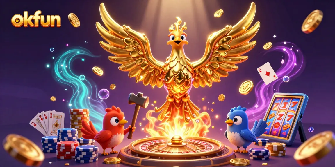 Spin the reels and win with okfun's vibrant 3D golden phoenix casino scene.