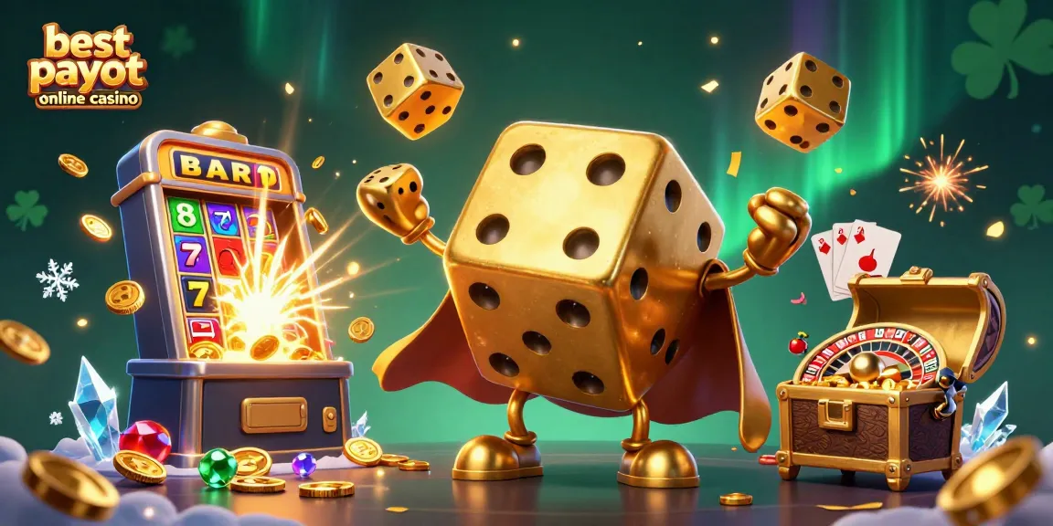 Experience the excitement of the best payout online casino with golden dice, jackpot slot machine, and vibrant casino elements.