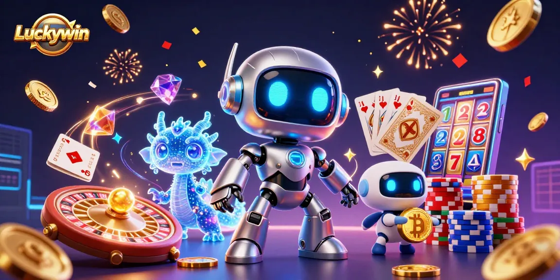 Experience Luckywin's thrilling moments with a vibrant 3D casino illustration featuring dynamic game elements.