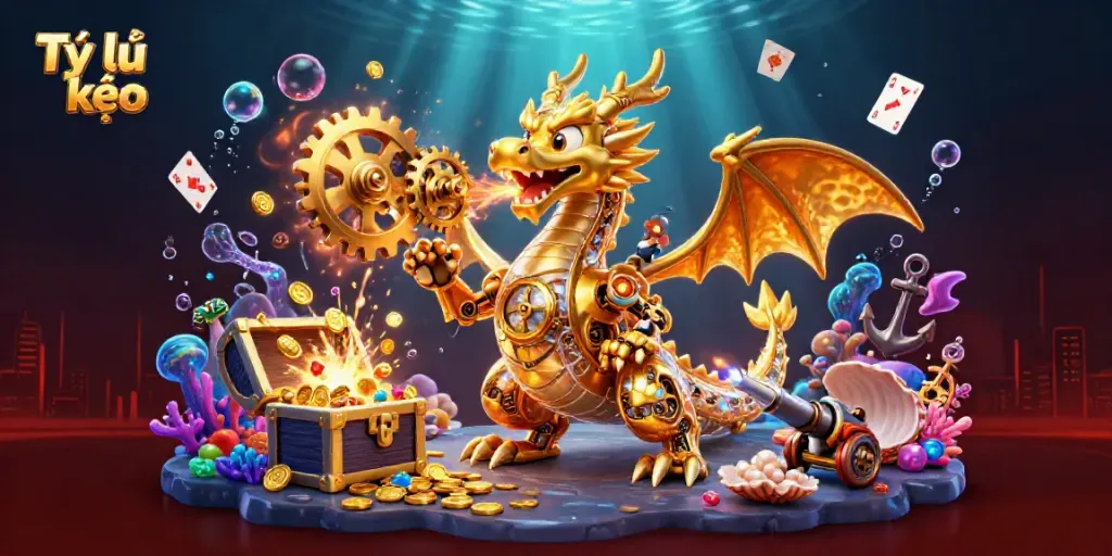 Experience the dynamic action of Tỷ lệ kèo with a striking 3D illustration showcasing a golden dragon surrounded by treasures and gaming elements.