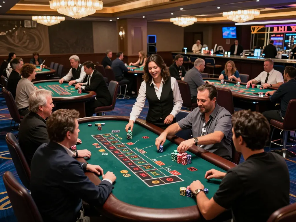 FC88 players engaging in high-stakes blackjack action at a lively casino, vibrant atmosphere