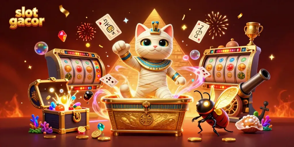 Menangkan slot gacor dengan karakter kartun mumi dan elemen kasino yang berkilauan.