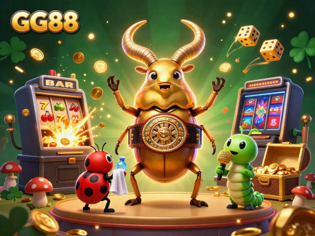 Experience the excitement of GG88 with a dynamic 3D illustration featuring a beetle boxing champion amidst casino jackpots and sparks.