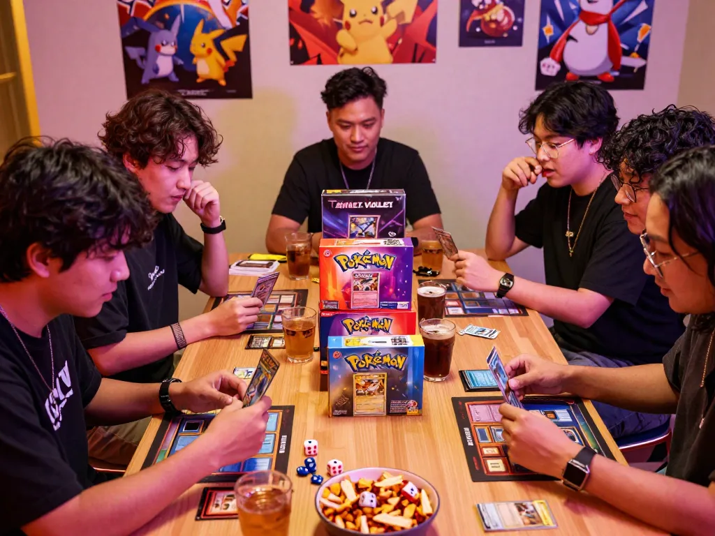 Exciting scene of friends playing Pokémon TCG with various Pokemon Elite Trainer Box expansions on display, showcasing collectibles and gameplay.