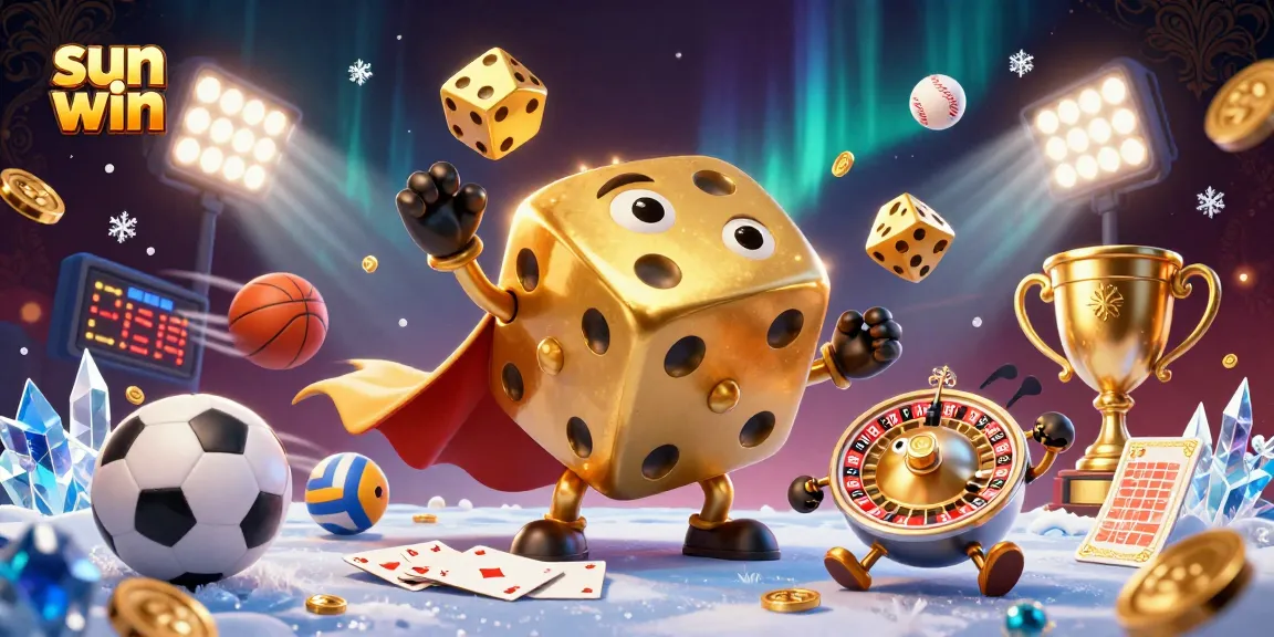 Experience the thrill of sun win with golden dice and vibrant sports elements in this 3D illustration.