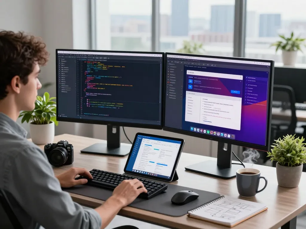 Developer working efficiently on automations using make.com in a modern office setting.