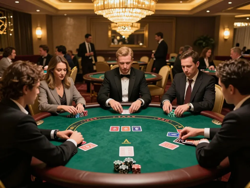 Engaged players at a high-stakes poker table showcasing action on mb66-t platform.