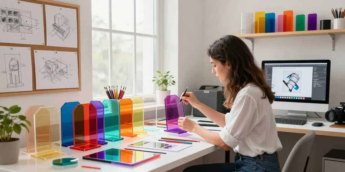 Custom acrylic stand being designed in a bright workspace filled with materials and mockups.