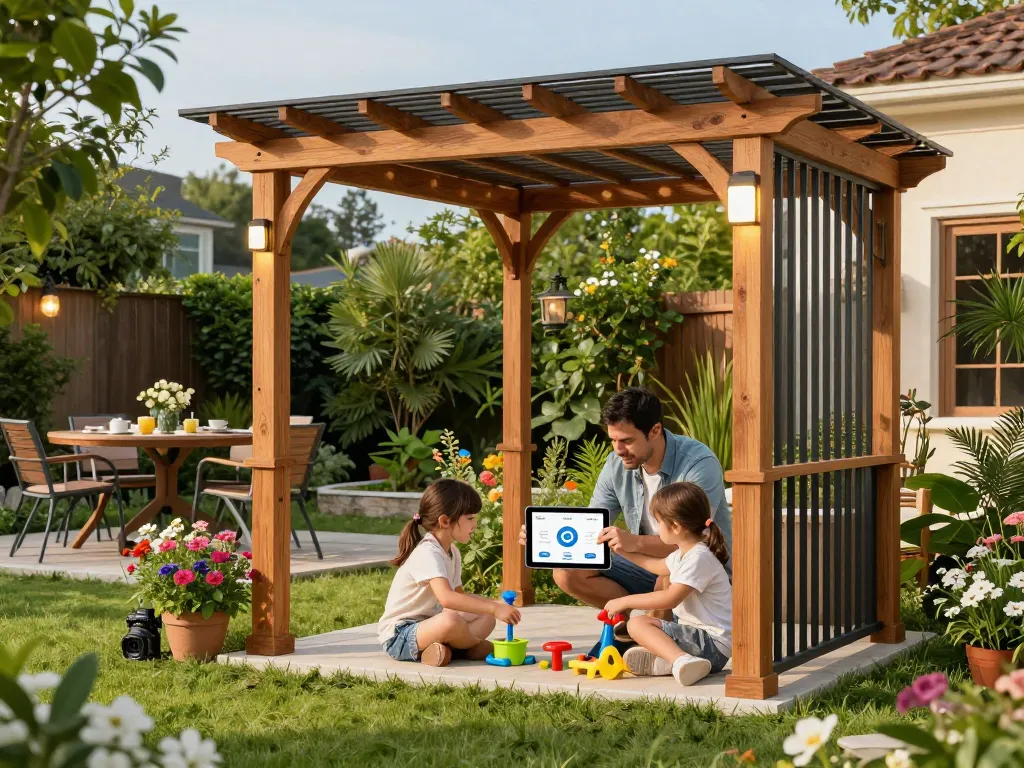 Engaging family customizing their outdoor space with an online pergola configurator in a beautifully landscaped garden.