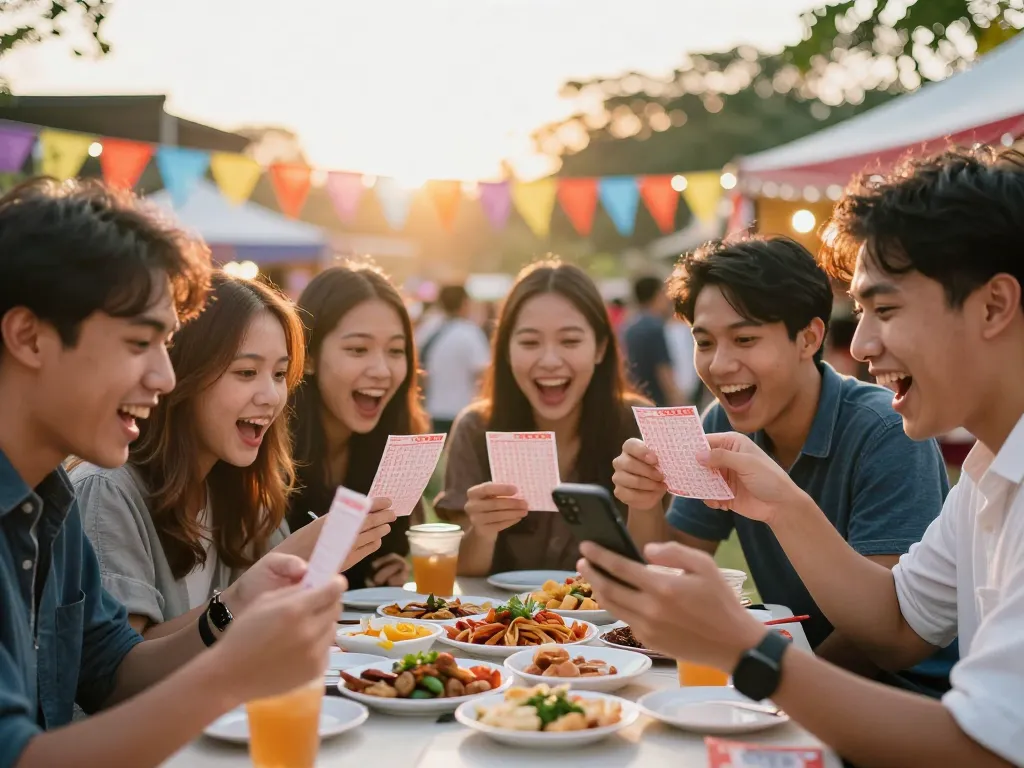 Adegan perayaan Keluaran HK dengan teman-teman memeriksa tiket lotere di luar ruangan, menangkap semangat dan kebersamaan.